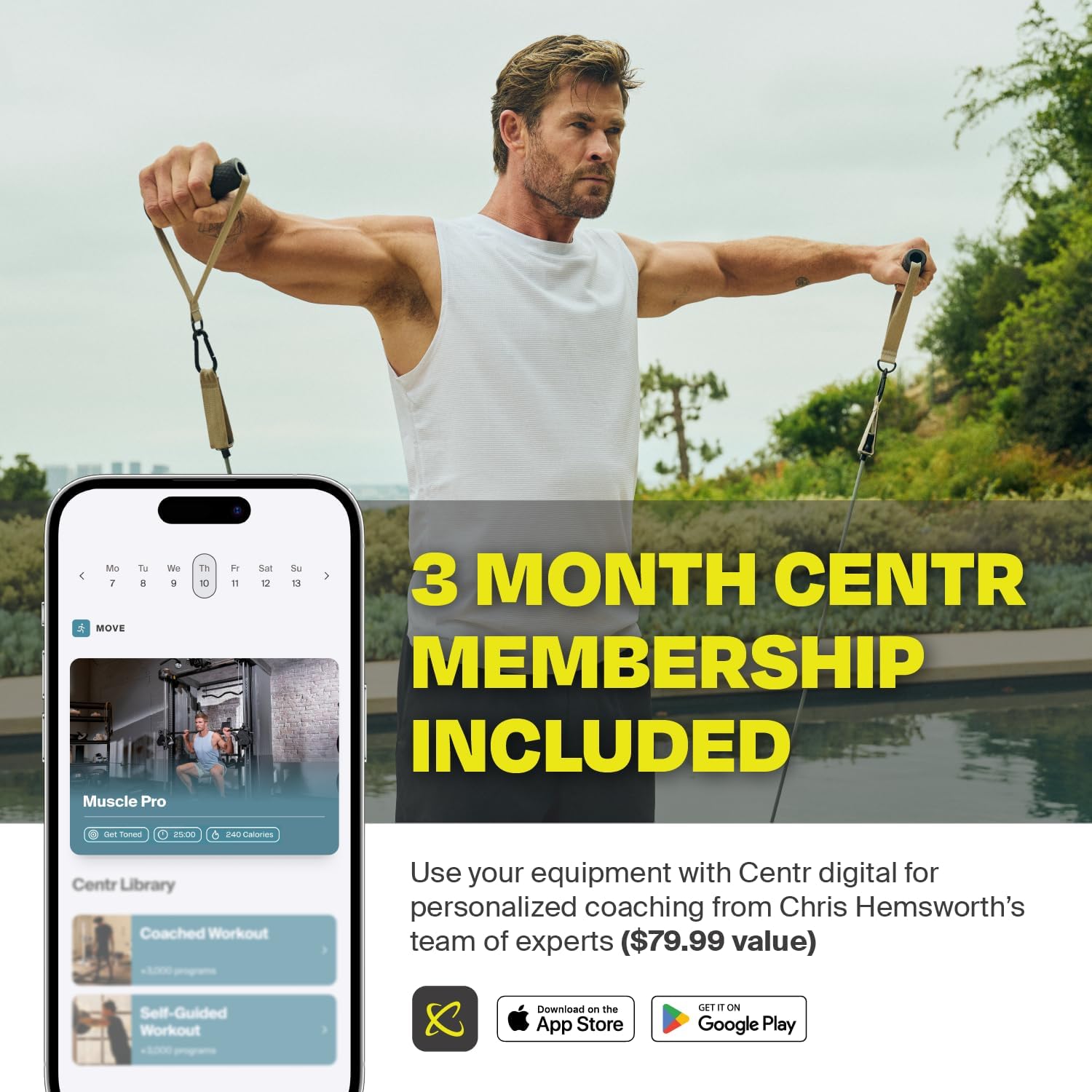 Man exercising with resistance bands outdoors, phone displaying Centr app, and promotional text for a 3-month membership.