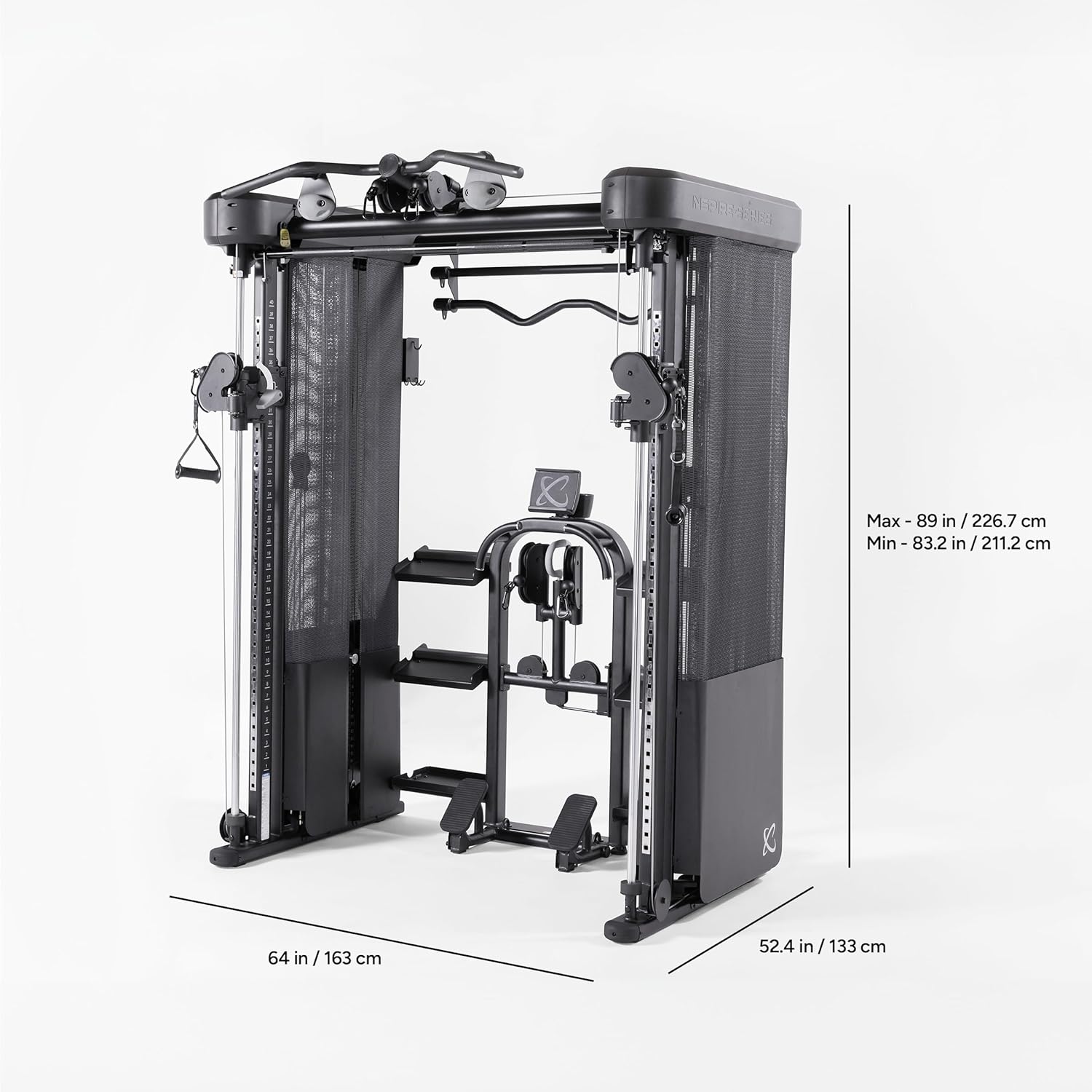 Gym machine with dimensions displayed on a white background