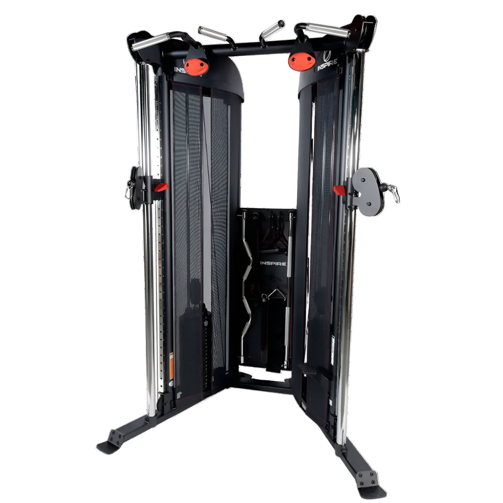 A black and red Inspire Fitness Commercial Functional Trainer with adjustable pulleys and a multi-grip pull-up station.