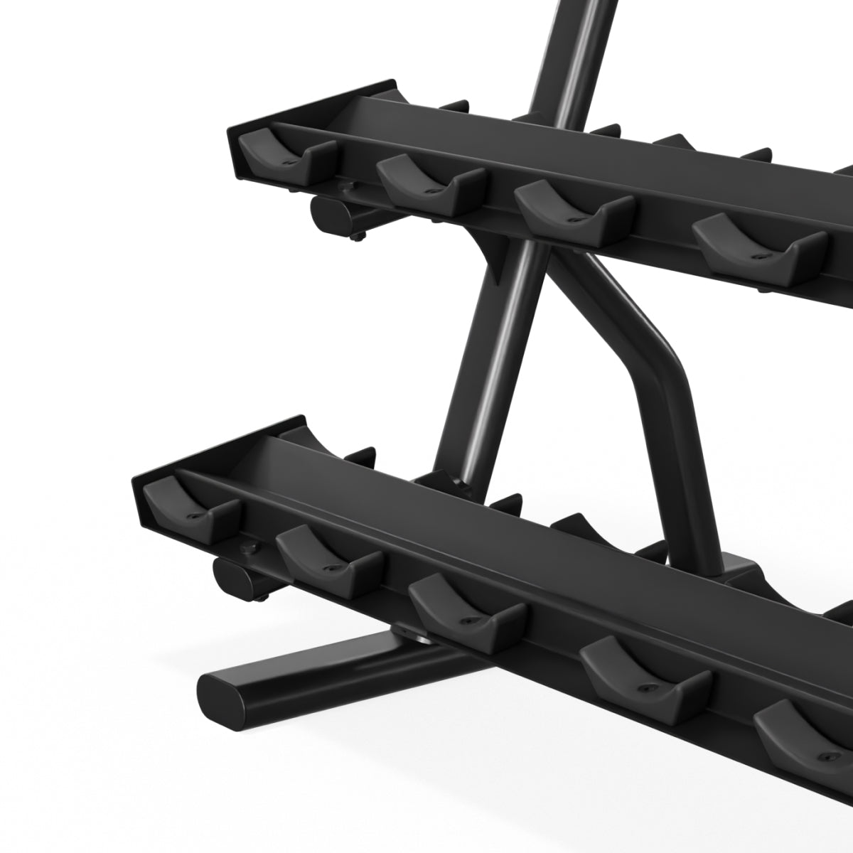 Close-up of the saddle supports on the Centr x HYROX dumbbell rack