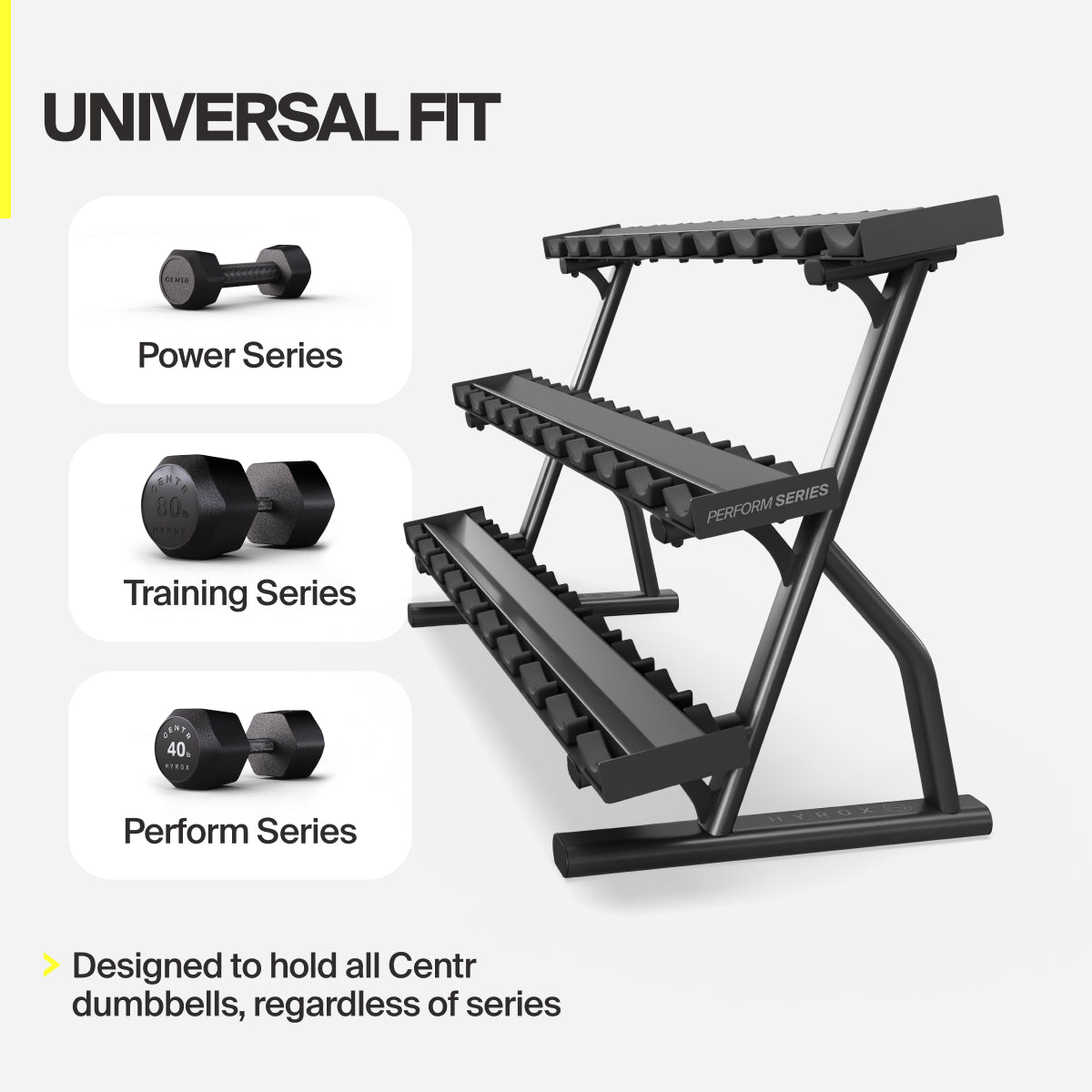 Centr x HYROX 15-pair rack compatible with Centr dumbbell series
