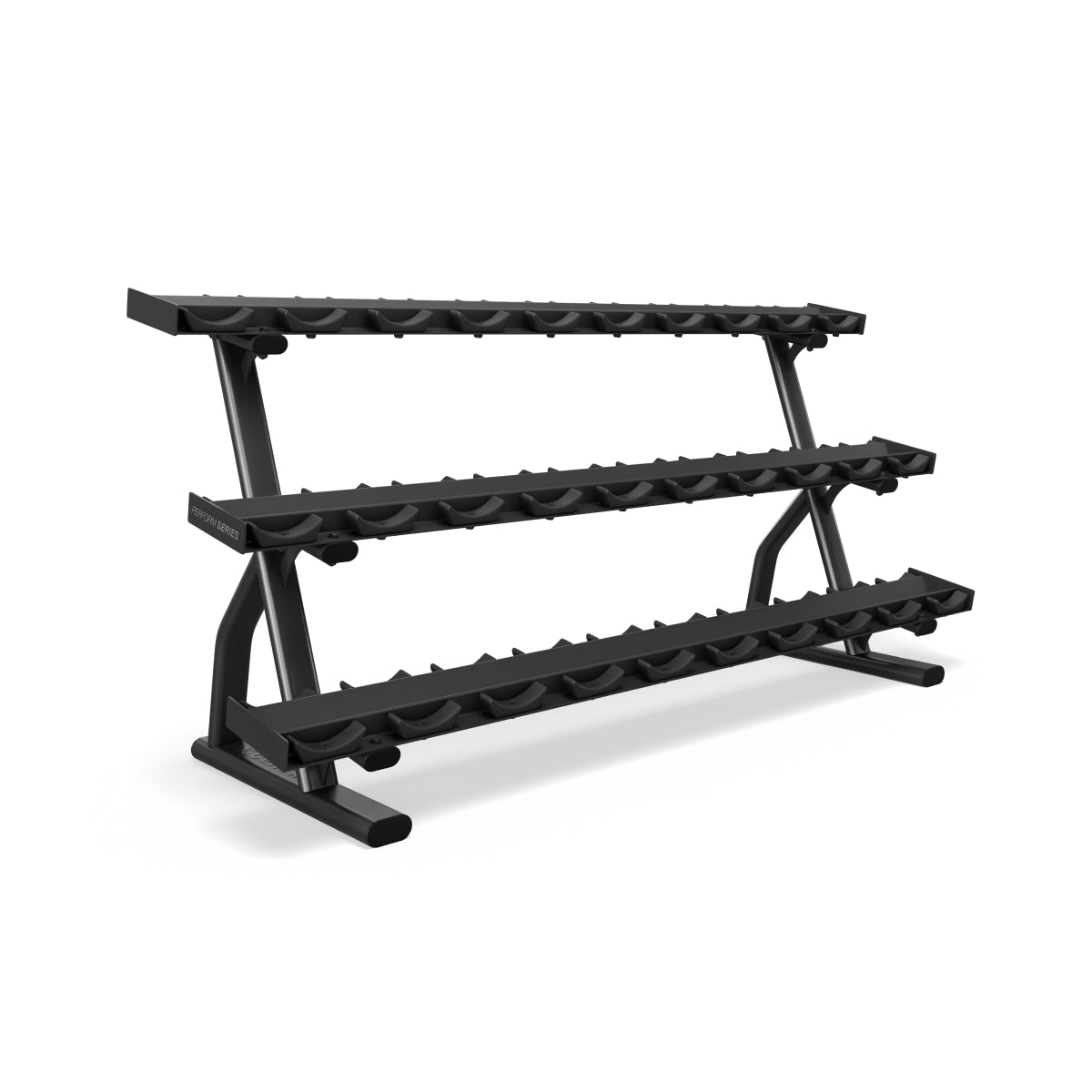 Centr x HYROX Perform Series 15-pair dumbbell rack, full angled view