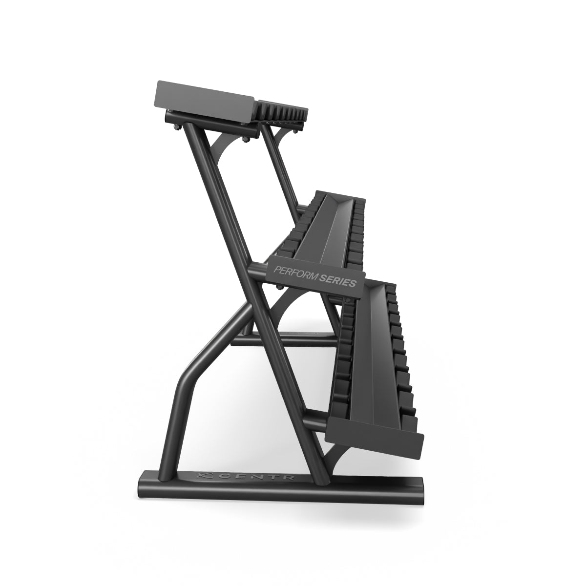 Side view of the Centr x HYROX 15-pair dumbbell rack
