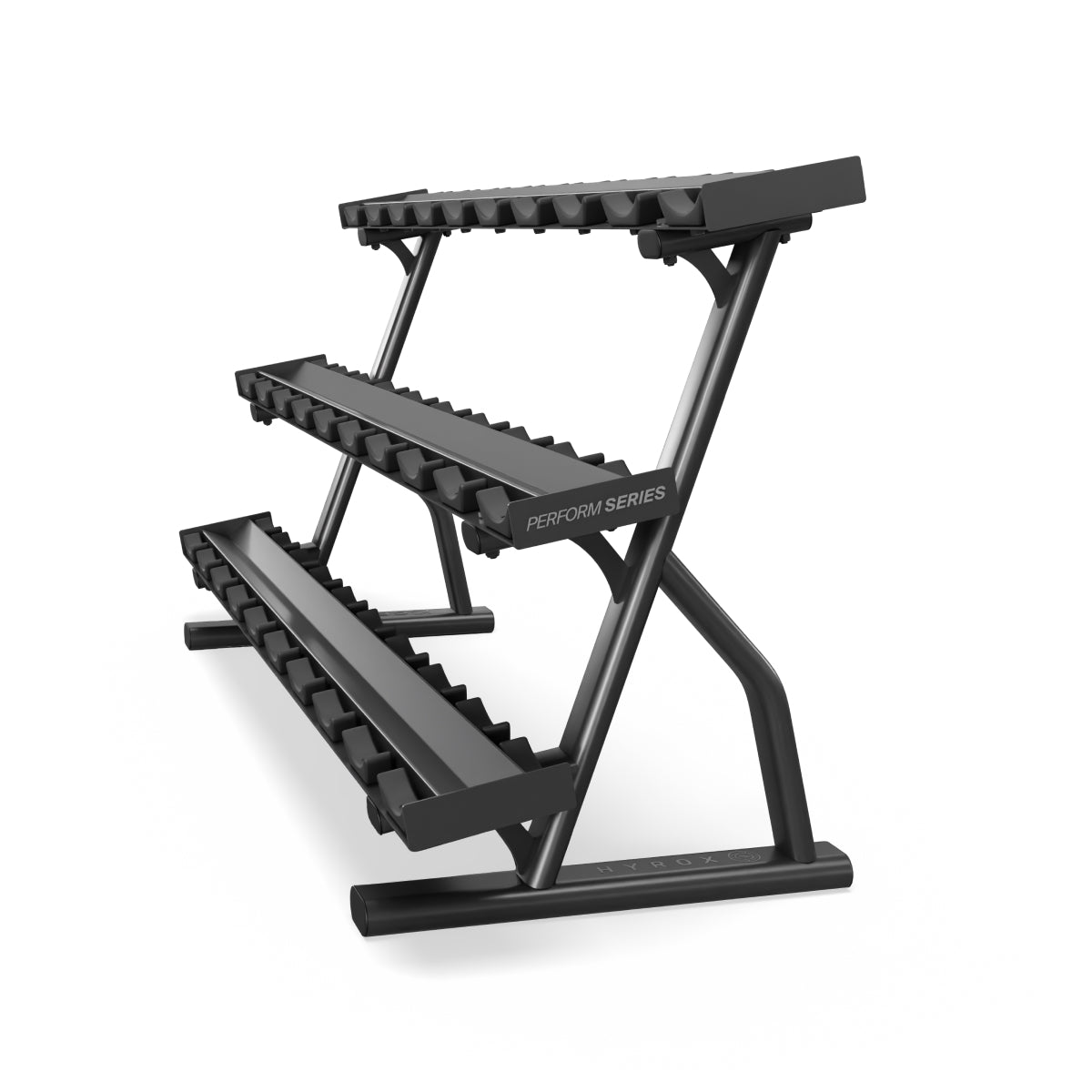 Angled side view of the Centr x HYROX 15-pair dumbbell rack