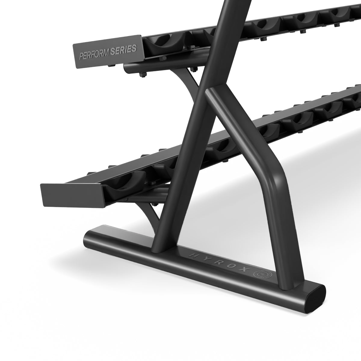Centr x HYROX dumbbell rack, detail of its three-tier frame