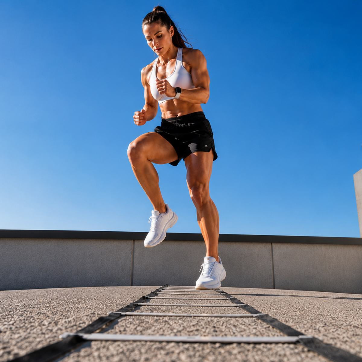 Athlete performing agility ladder drills outdoors