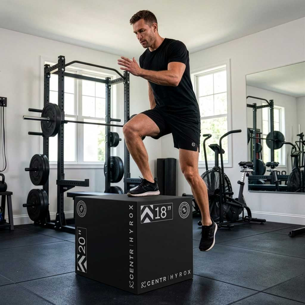Athlete performing a step-up on the compact Centr x HYROX foam plyo box