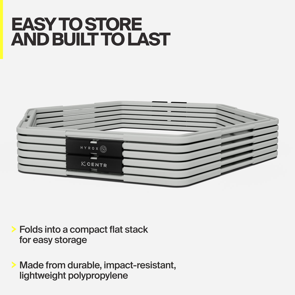 Stacked hexagon hurdles with storage and material details