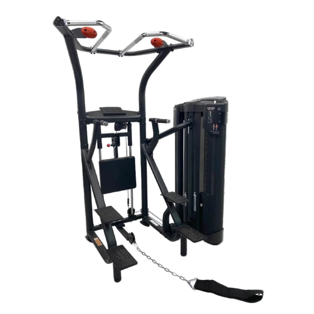 A black commercial chin up and dip dual selectized machine with red accents.