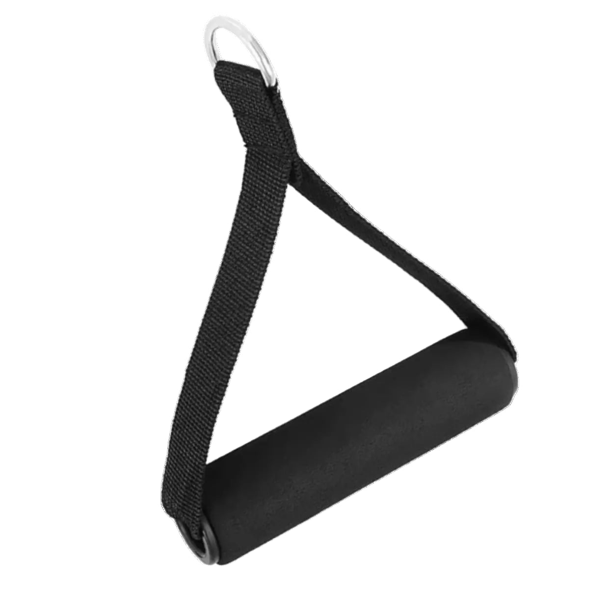 A black rubber grip D handle for fitness equipment.