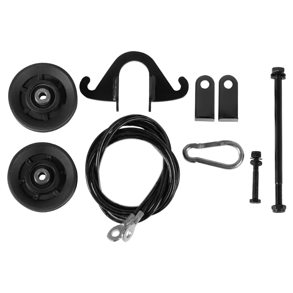 Set of black mechanical parts including pulleys, cables, and brackets on a white background