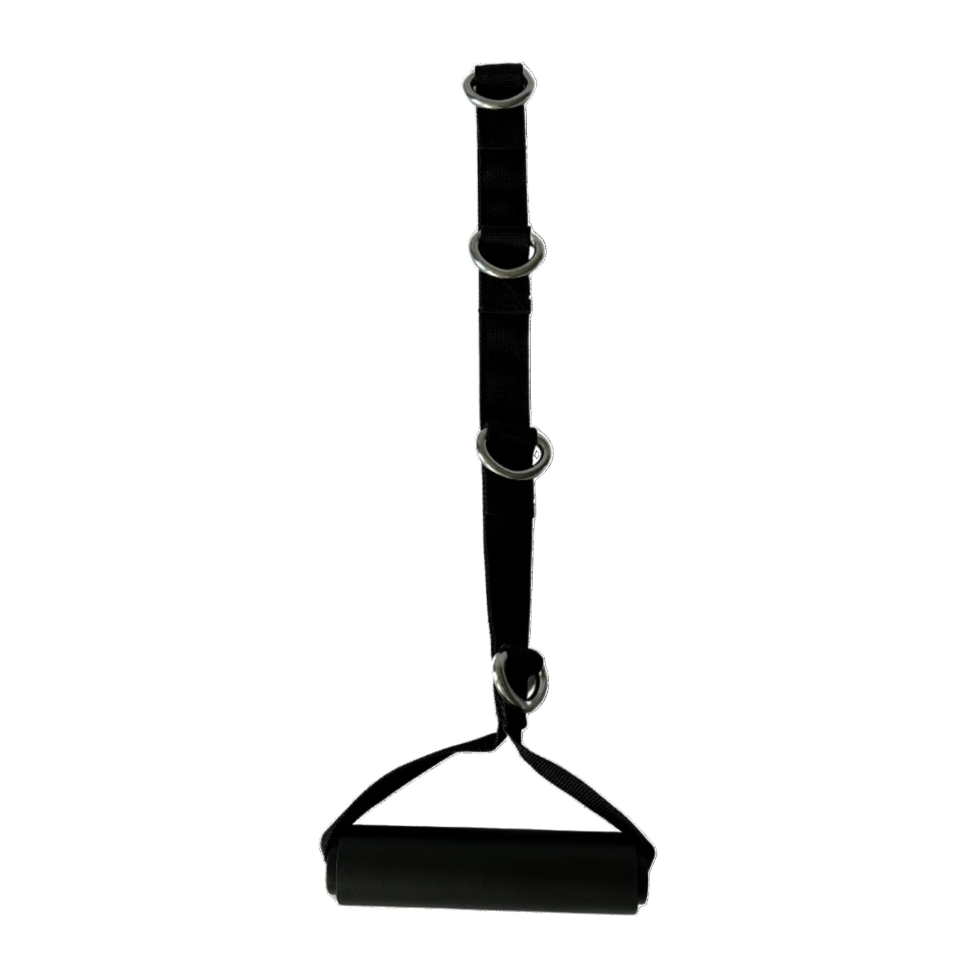 A multi-ring D-handle singular for strength training, designed to be attached to a functional trainer or cable machine.