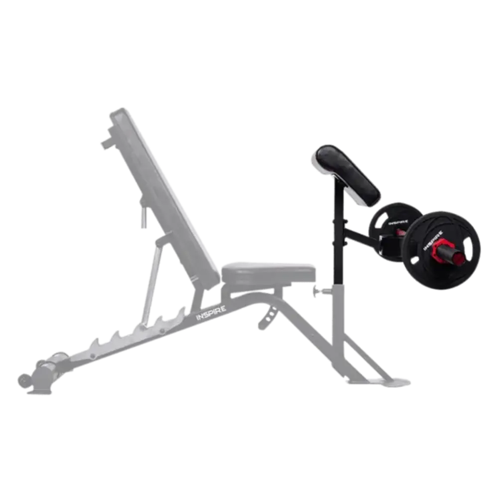 Gray weight bench with adjustable backrest and weight plates on a white background