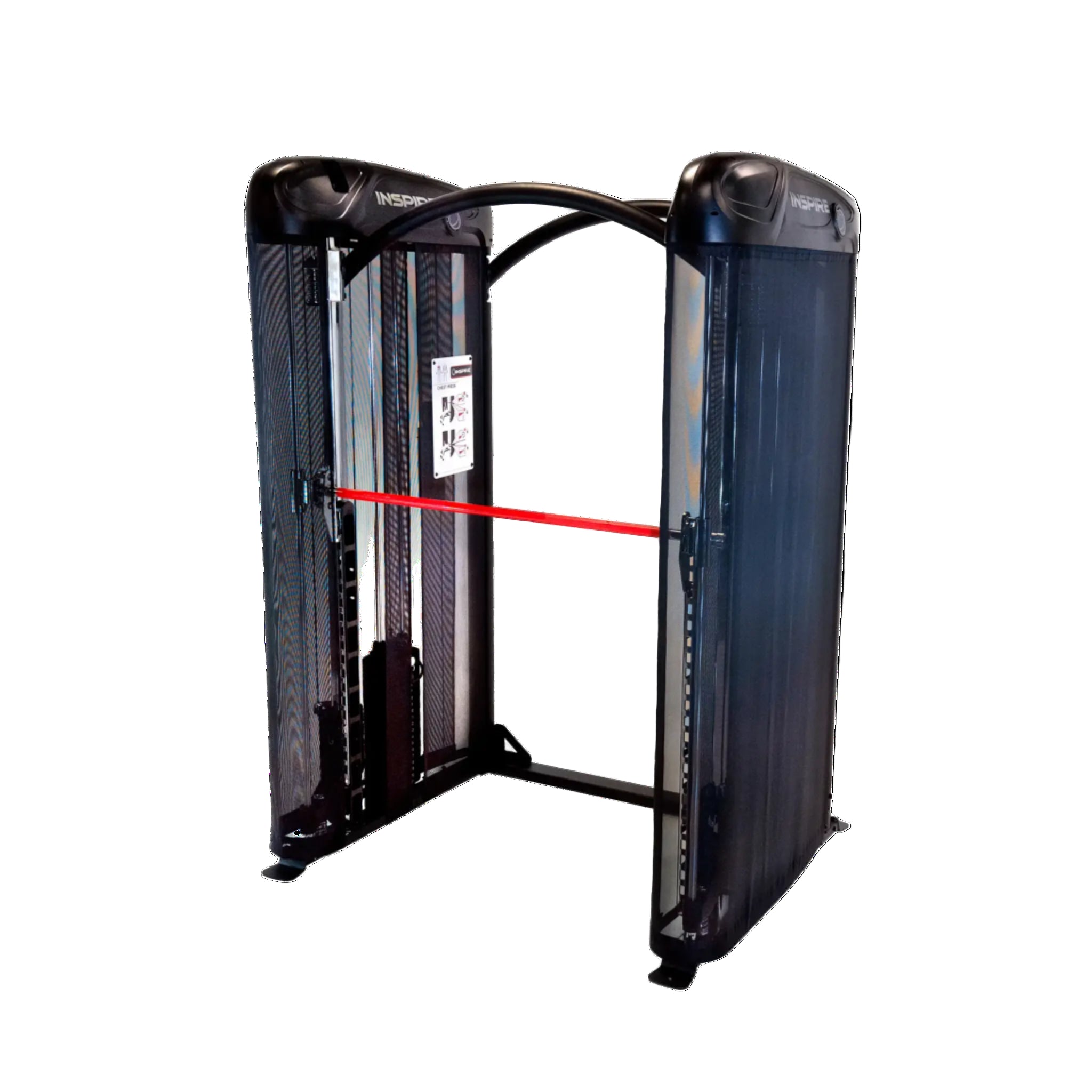 A black commercial Smith machine with weight stacks and a red pin-select lever.