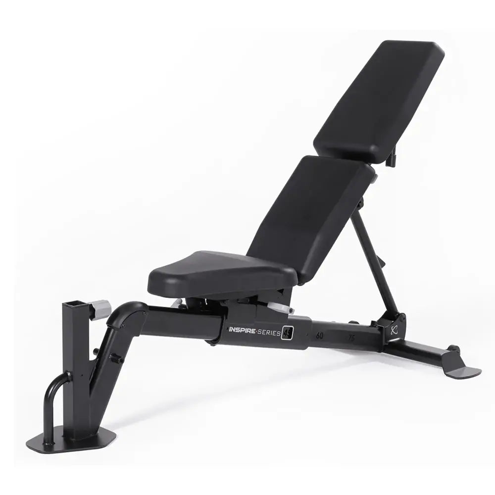 Black adjustable weight bench on a white background