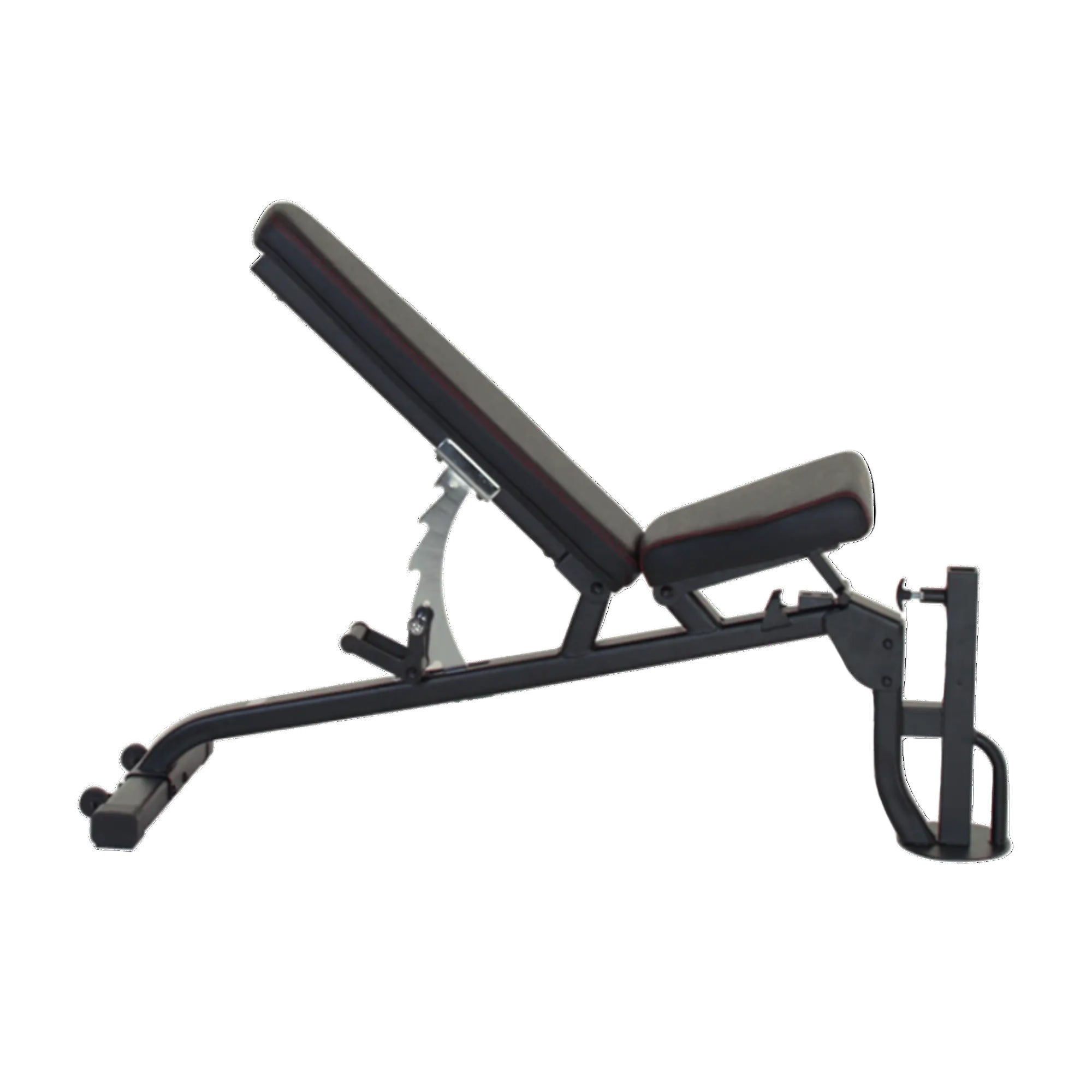 An adjustable exercise bench made of steel with padded areas, designed to support various workout positions.