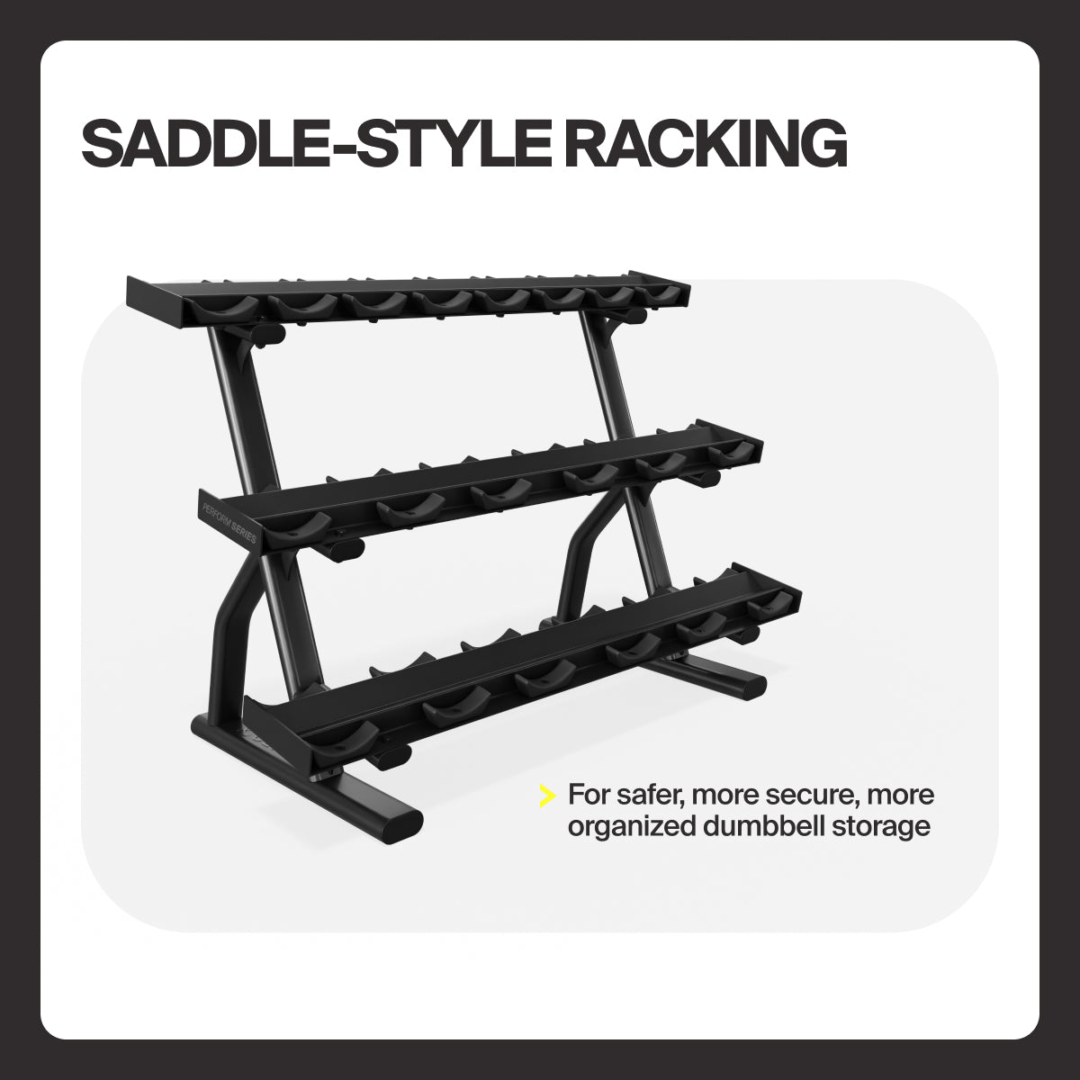 Saddle-style storage supports on the Centr x HYROX dumbbell rack