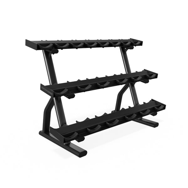 Centr x HYROX 10-pair dumbbell rack, angled studio view