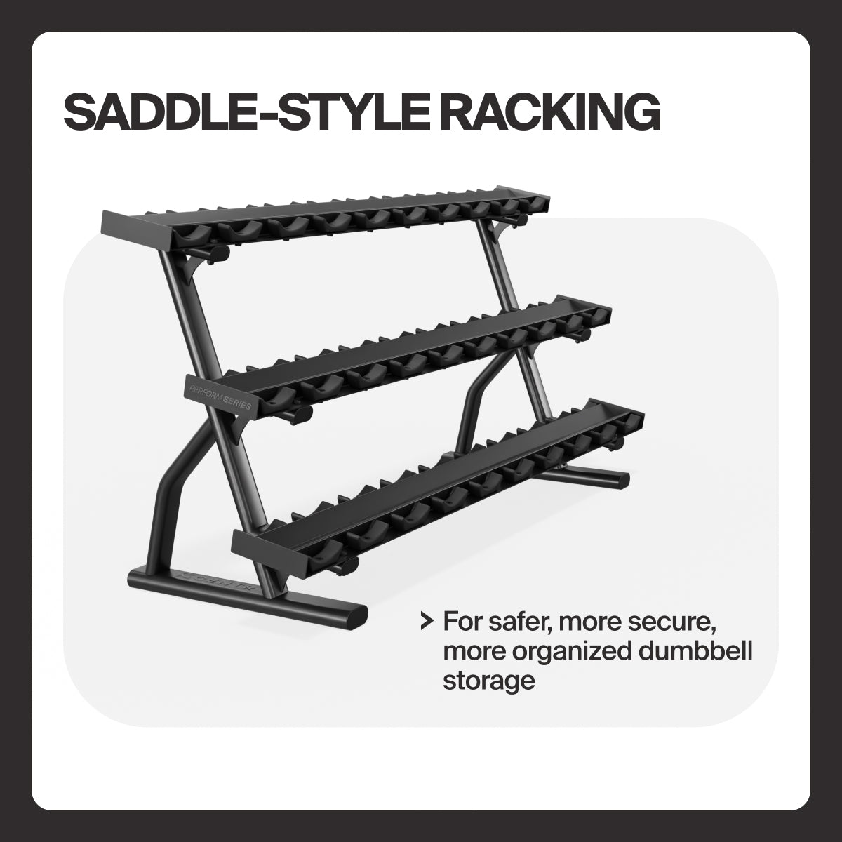 Saddle-style storage supports on the Centr x HYROX 15-pair rack