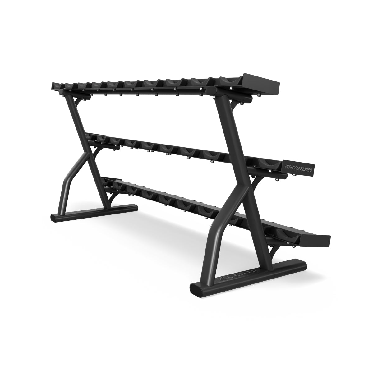 Rear angled view of the Centr x HYROX 15-pair dumbbell rack