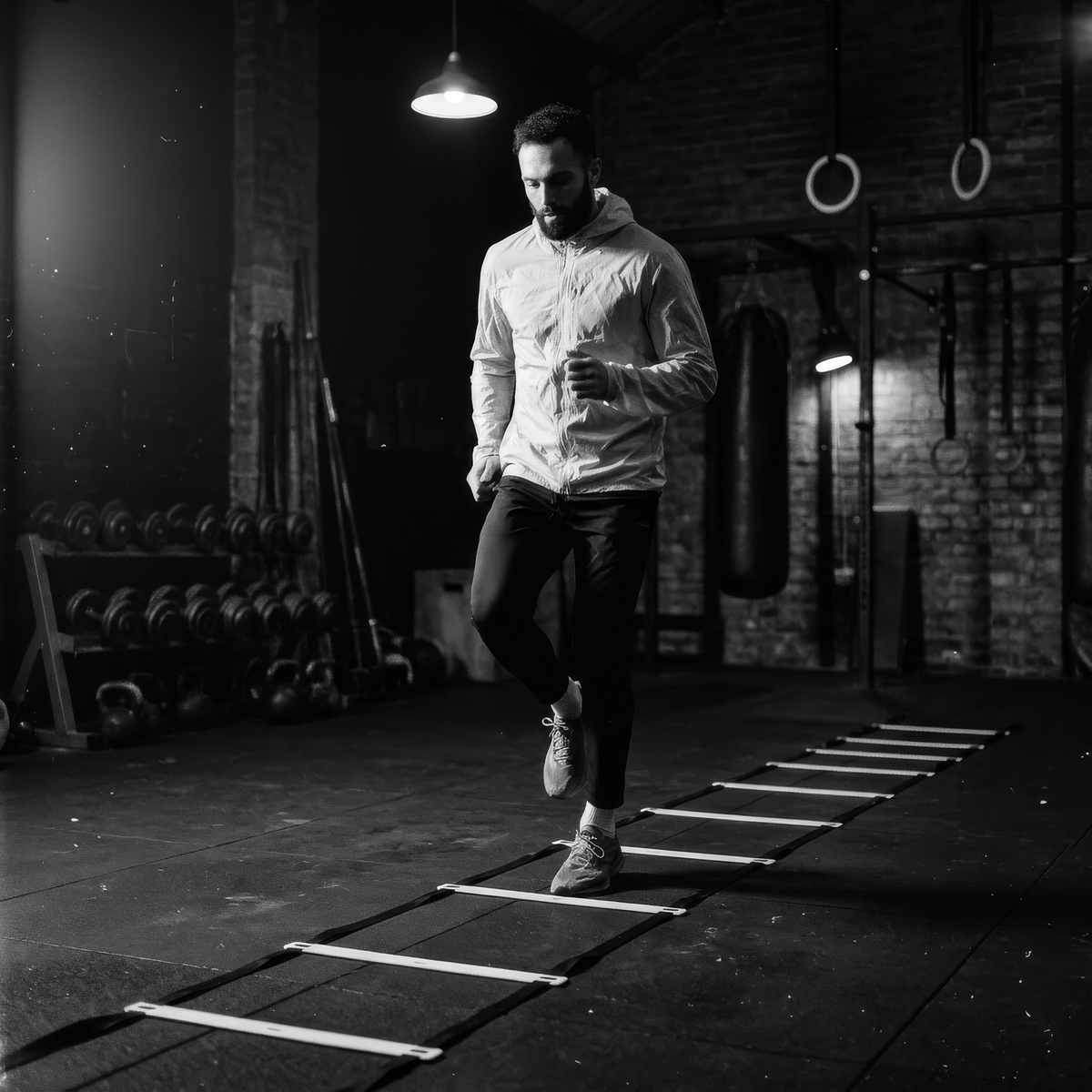 Athlete performing footwork drills on the agility ladder indoors
