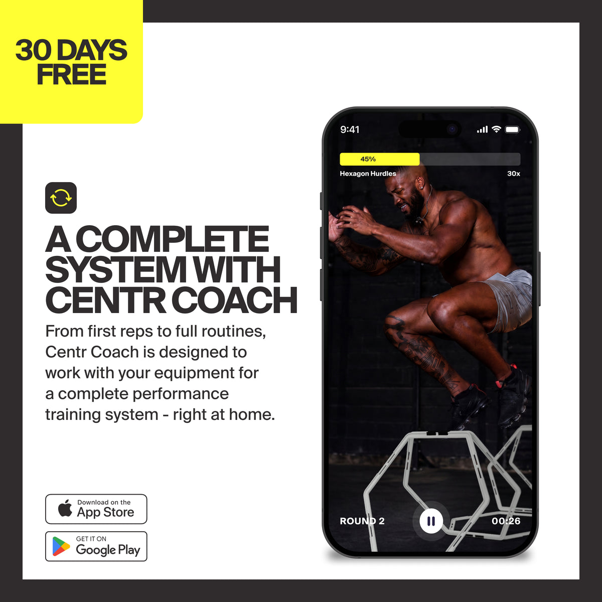 Centr Coach trial graphic alongside hexagon hurdle training