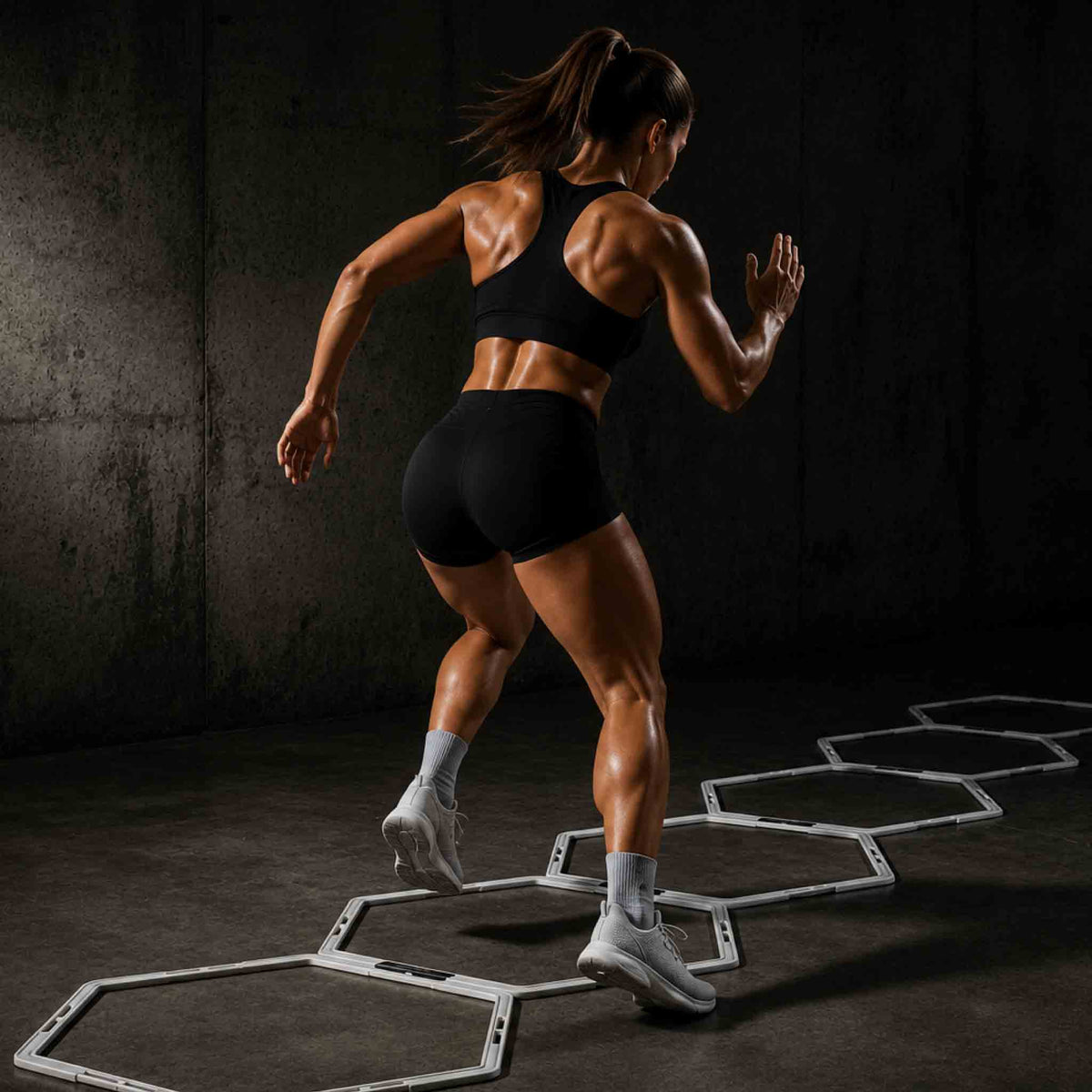 Athlete running through a hexagon agility grid