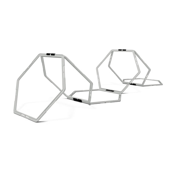 Hexagon hurdles connected in an upright training row