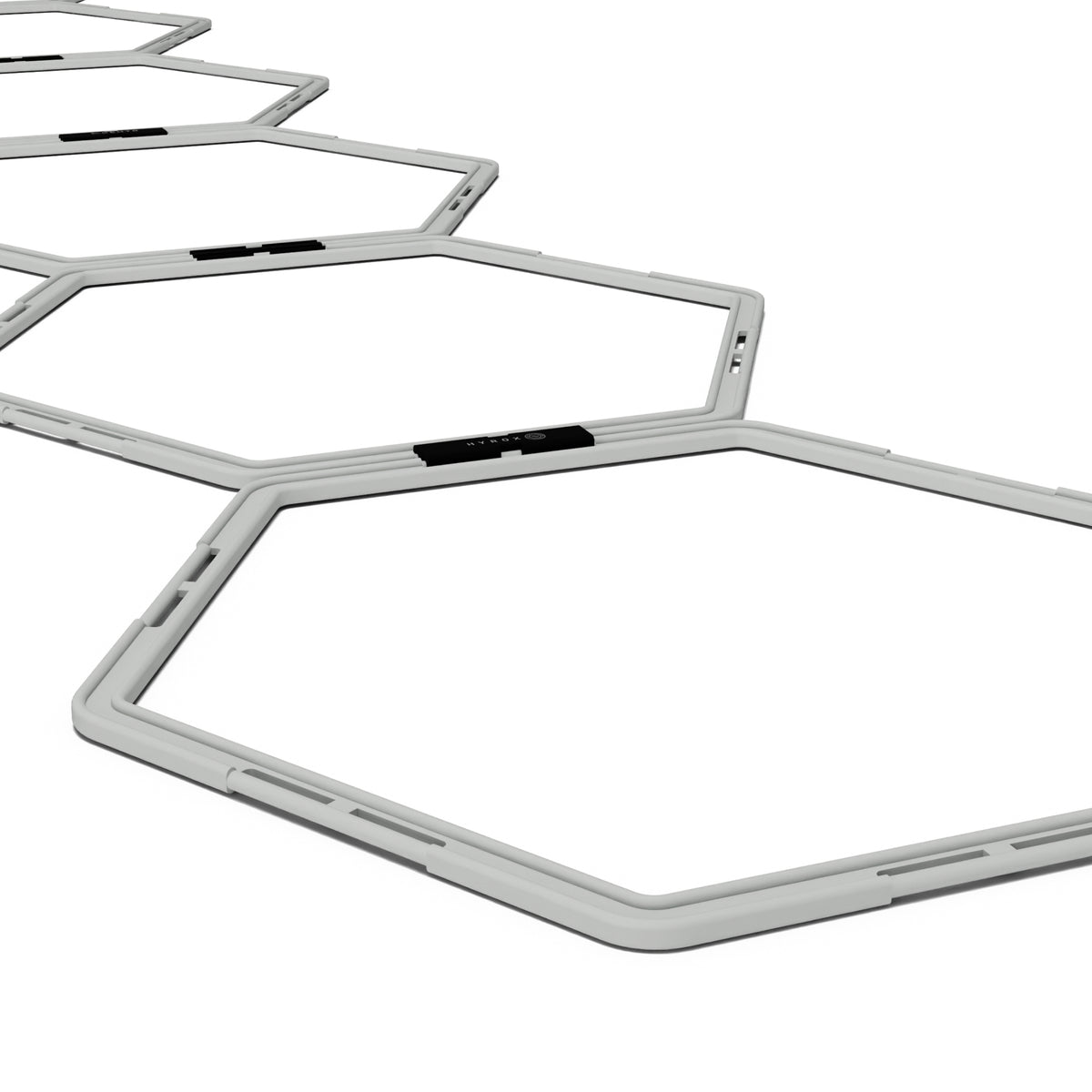 Six hexagon hurdles arranged flat as an agility web