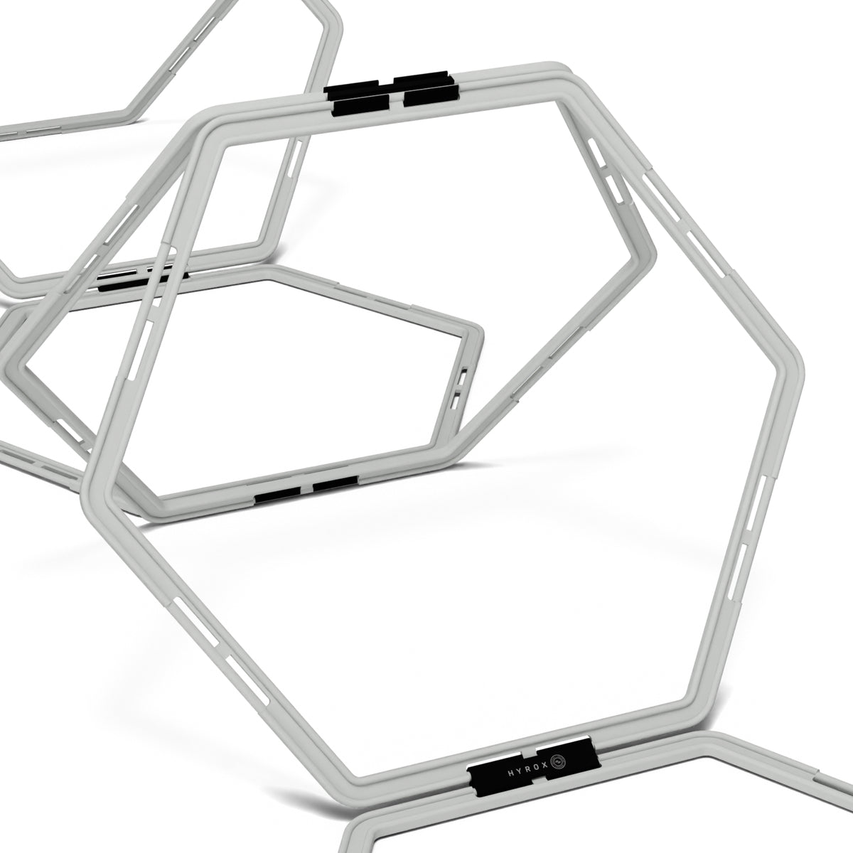 Close view of connected hexagon hurdles in upright mode