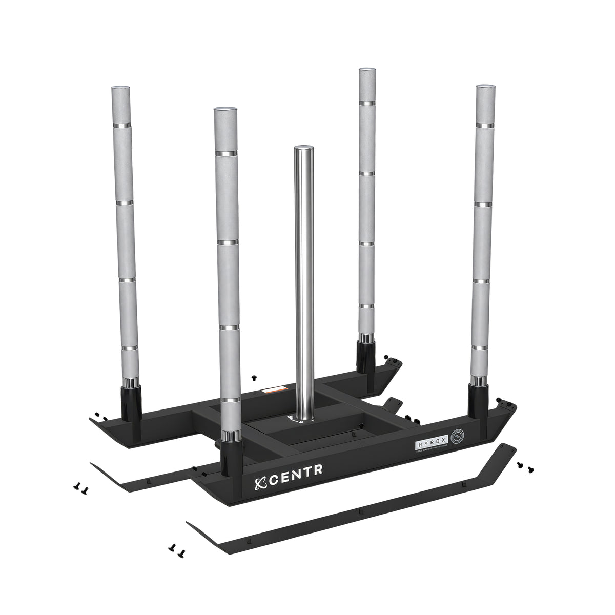 Explosionsansicht der Centr x HYROX Replaceable Sled Blades neben dem kompatiblen Power Sled und Befestigungsteilen