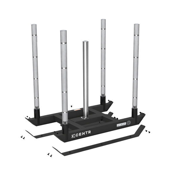 Explosionsansicht der Centr x HYROX Replaceable Sled Blades neben dem kompatiblen Power Sled und Befestigungsteilen