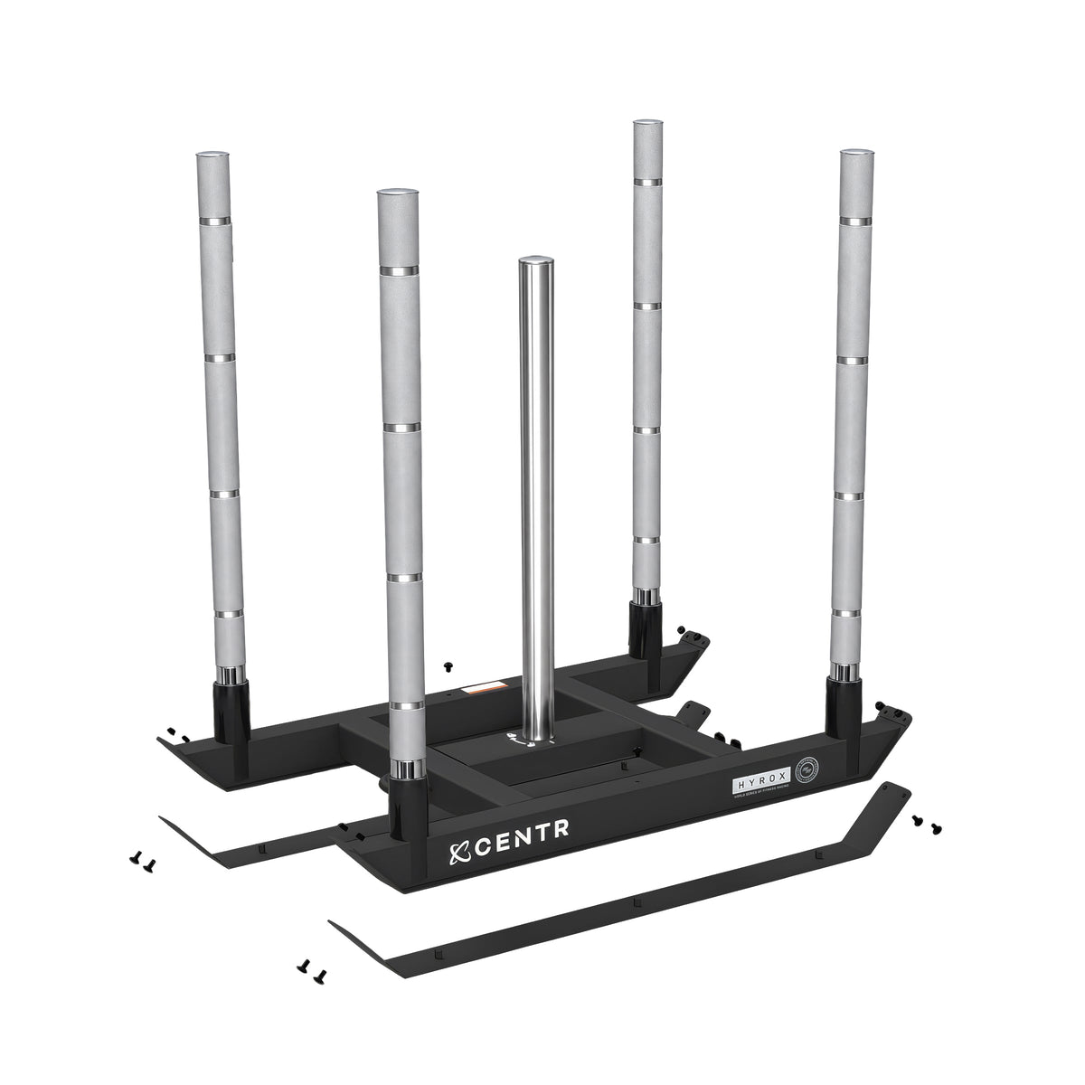 Vue éclatée du Centr x HYROX Power Sled montrant deux patins remplaçables et les fixations