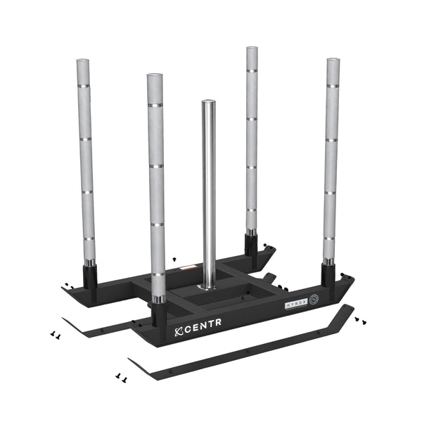 Vue éclatée du Centr x HYROX Power Sled montrant deux patins remplaçables et les fixations