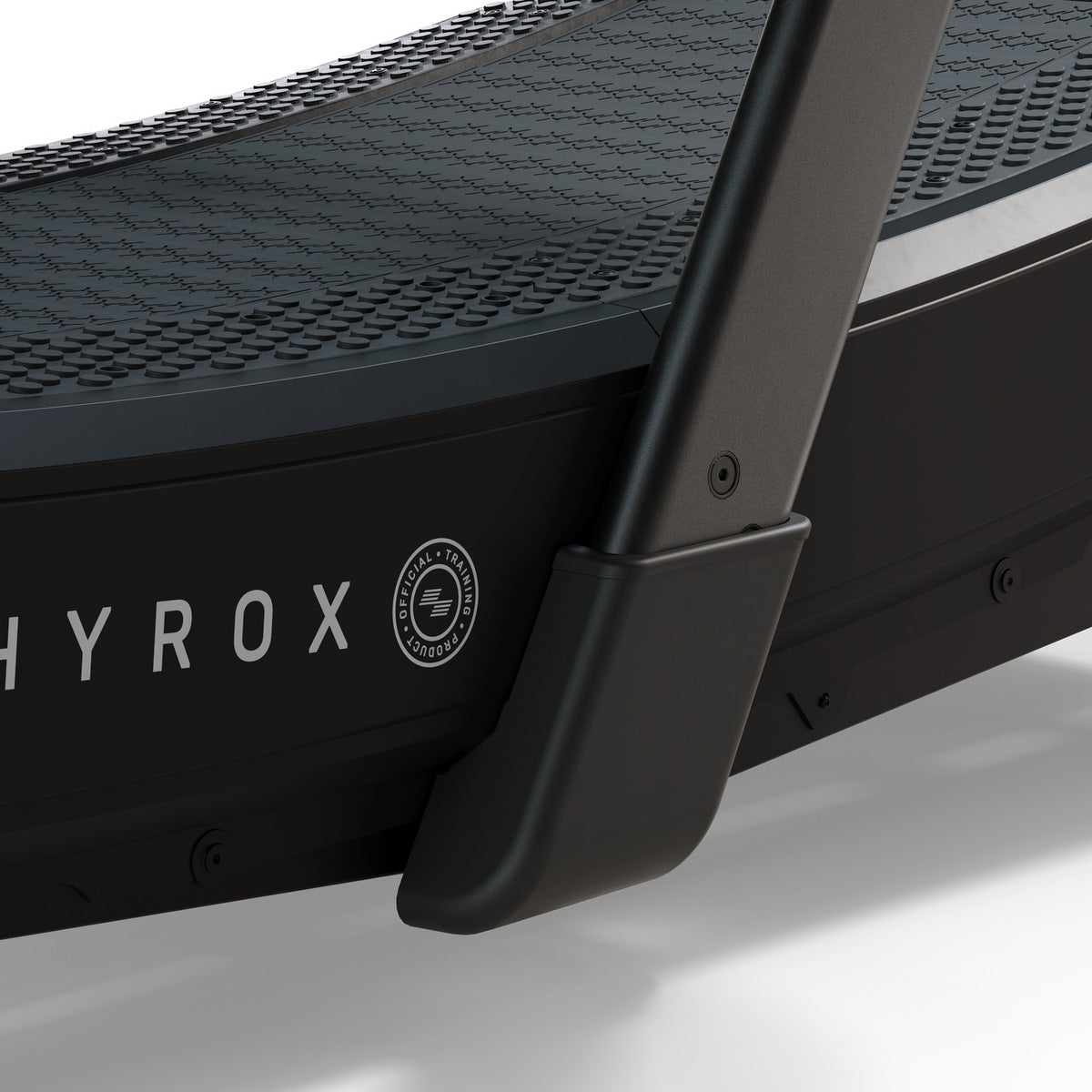 Curved running deck and upright detail of the Centr x HYROX treadmill