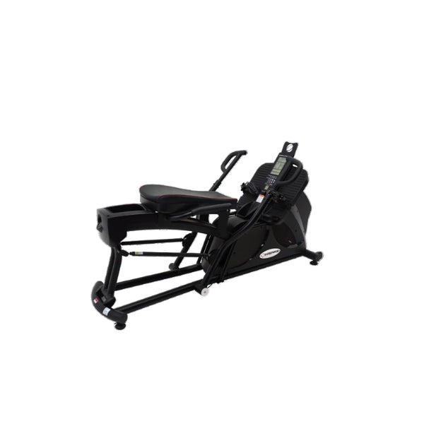 A black Cross Row exercise machine with a flywheel and multi-grip handles designed for a full body workout.