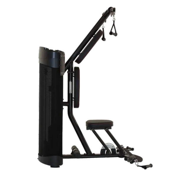Une machine commerciale noire pour biceps et triceps avec piles de poids et poulies.
