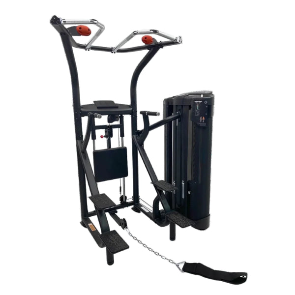 A black commercial chin up and dip dual selectized machine with red accents.