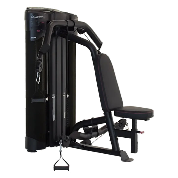 A black commercial-grade strength machine designed for chest and shoulder exercises with dual weight stacks and four pulleys.