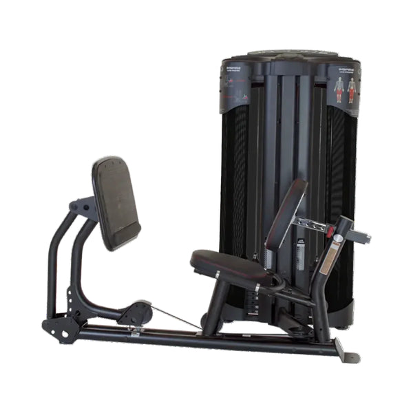 A commercial leg press machine with an adjustable seat and rubberized foot plate, designed for lower-body training.