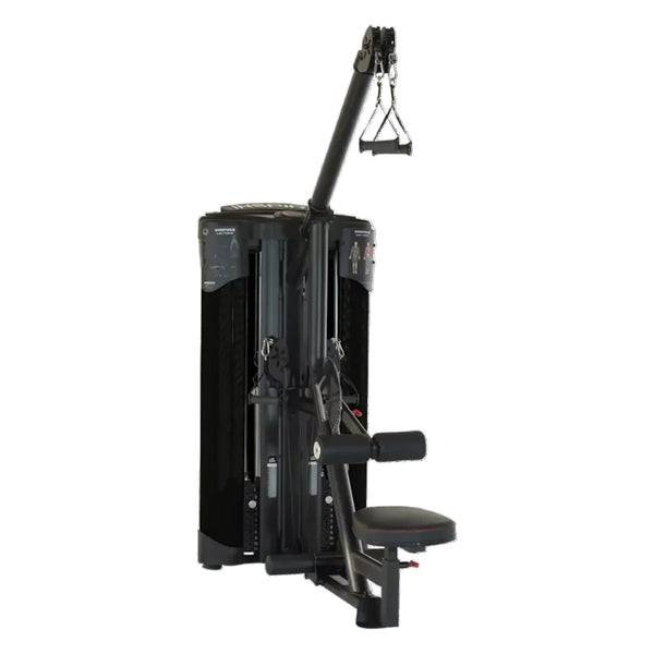 A black commercial lat and row cable machine with dual selectorized Pulleys and weight stacks.