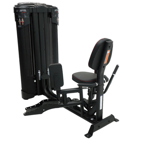 A black and gray commercial inner and outer thigh dual selectorized machine with red accents.