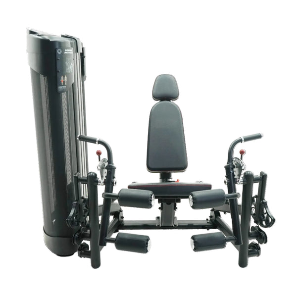 A commercial-grade leg extension and curl dual selectized machine with isolated leg holsters and an adjustable seat, colored in gray and black.
