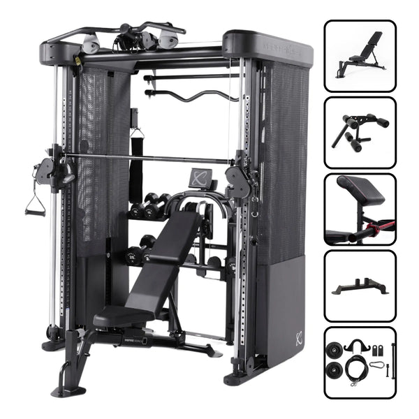 Multi-gym fitness equipment with various attachments on a white background